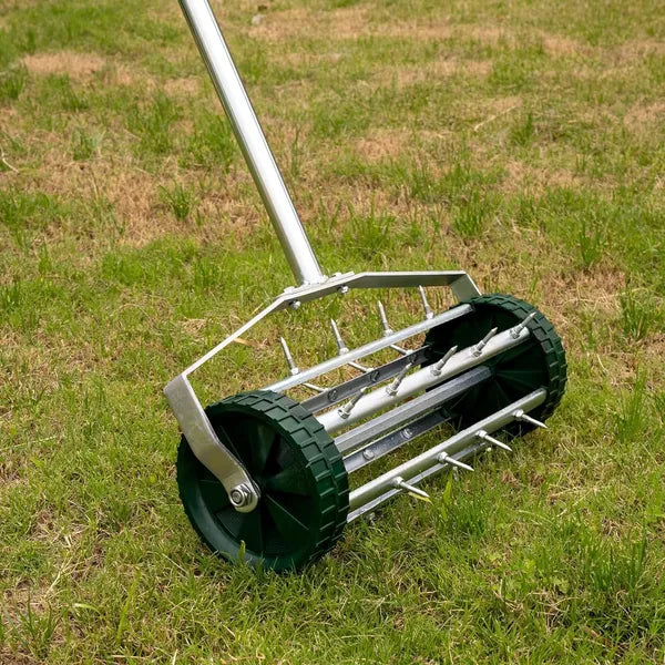 Heavy Duty Rotary Push Lawn Aerator With 3-Piece Long Steel Handle Spike Tine Design For Soil Aeration And Grass