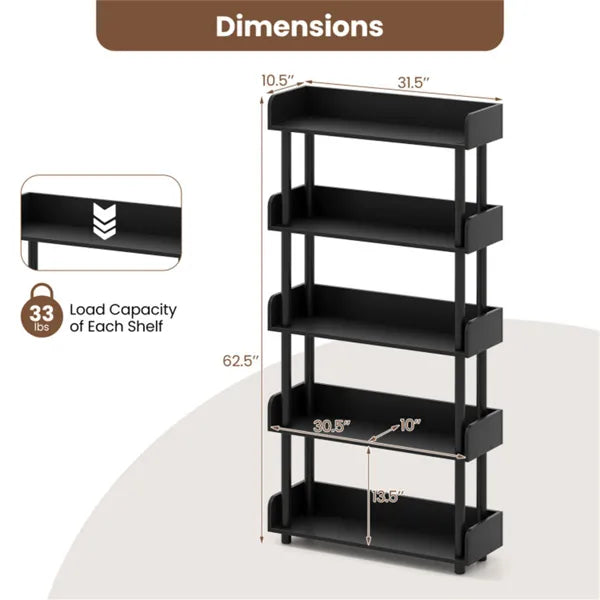 5-Tier Anti-Tipping Open Bookcase With Elevated Legs, Black Display Rack For Home Office - view 2