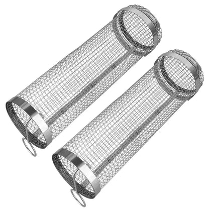 2Pcs 3.42x11.61Inch Portable BBQ Rolling Basket Round Stainless Steel Grill Mesh Barbecue Net Tube With Removable Cover