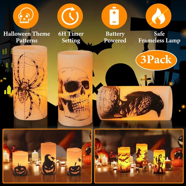 3 Pack Halloween Flameless Candle Lamp With Timer Setting Battery Operated Warm Orange Light Candles For Halloween - view 2