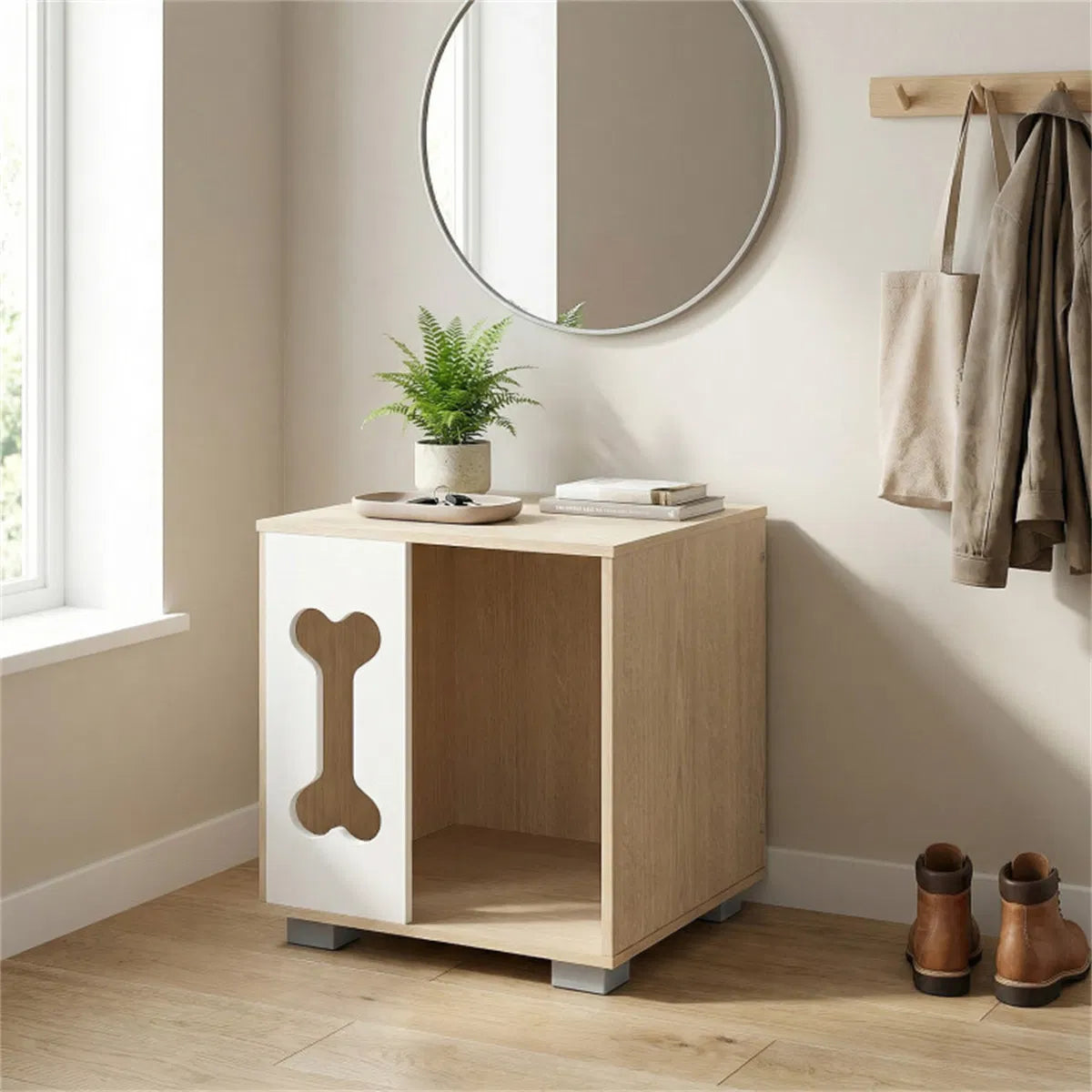 Cat Dog House Dog Bed Side Table Wooden Dog Condo with Bone-shape Window and Thick Metal Legs - view 3