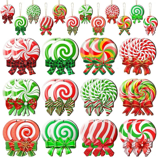 24PCS Christmas Candy Ornament With Ropes Colorful Candy Round Lollipop Wooden Pendant Xmas Hanging Decoration