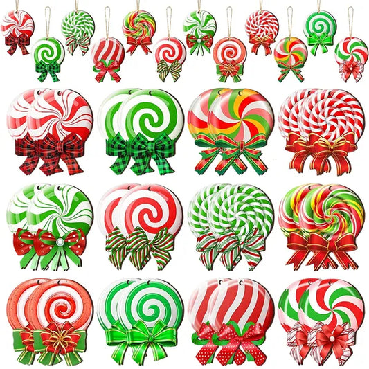 24PCS Christmas Candy Ornament With Ropes Colorful Candy Round Lollipop Wooden Pendant Xmas Hanging Decoration
