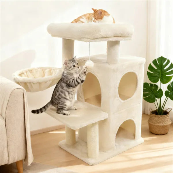 Beige 33.5" Multi-Level Cat Tree With 2-Tier Condo, Sisal Scratching Posts & Anti-Toppling Device For Cats - view 3