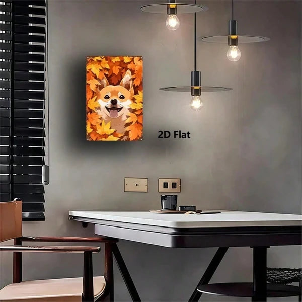 Cute Shiba Inu Metal Sign Autumn Leaves Dog Plaque Sturdy Tin Wall Art Home Decor Kitchen Bedroom Bar Restaurant 2D Flat - view 2