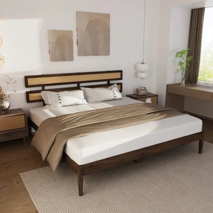 Dark walnut wood painted finish + rattan and pine wood double headboard King size bed, Bohemian style - view 3