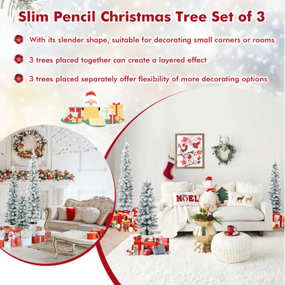 3 Pcs Set Potted Artificial Christmas Tree Snow Flocked Slim Pencil Christmas Tree - view 9
