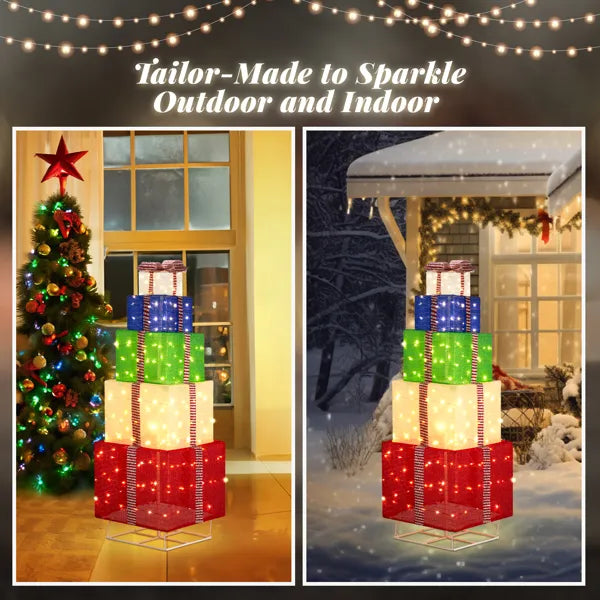 6FT Lighted Gift Box Tower, Pre-lit Pull Up Present Boxes with 200 LED Warm White Lights and Ropes Stakes for Christmas - view 8