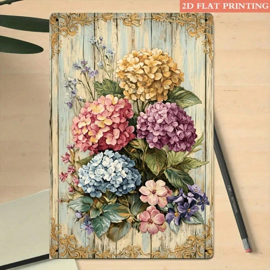 Vintage Metal Iron Sign Vibrant Hydrangea Bouquet With Golden Accents, Rustic Farmhouse Wall Decor