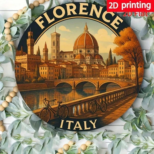 2D Flat Metal Wall Art Florence Italy Cityscape, Vibrant Duomo Cathedral Ponte Vecchio Aluminum Sign - view 2