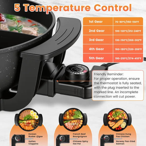 6L Large Capacity Electric Hot Pot With Divider, 5 Gear Adjustable Temperature Non-Stick Electric Cooker - view 3
