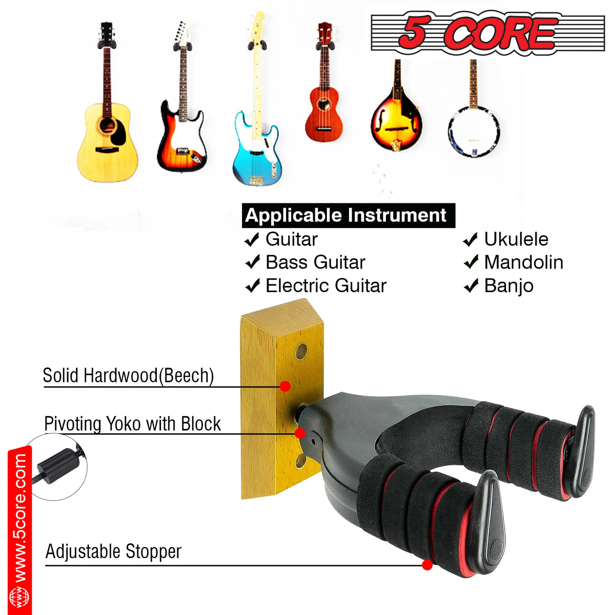 5Core Guitar Wall Mount Hanger Hook Metal Base Soft Padding Adjustable Rotatable Holder - view 5
