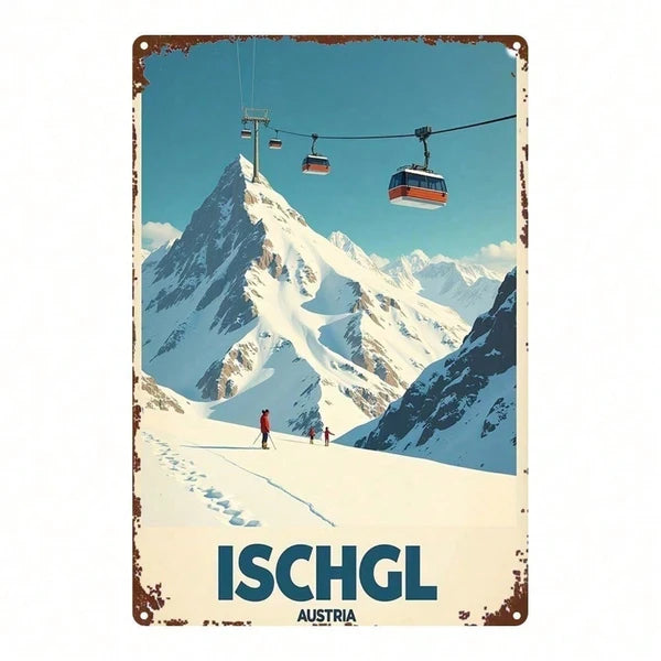 1pc 2D Flat Metal Sign Winter Ski Resort Ischgl Austria Snow Scene Tin Art Square Iron Hanging Painting