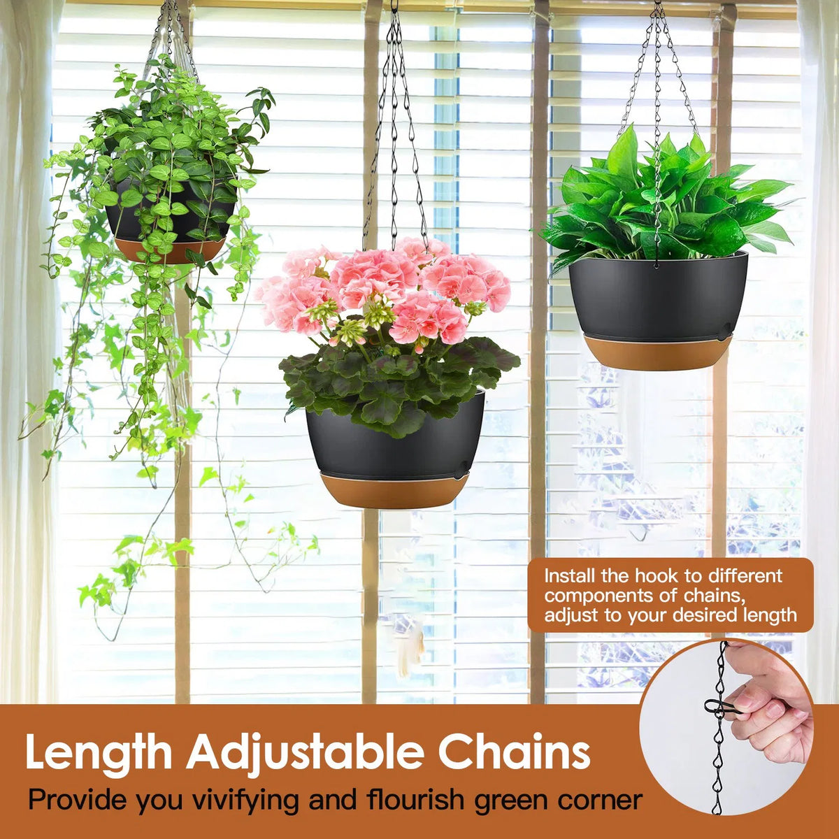 4Pcs 9.64In Diameter Hanging Planter With Drainage Holes Removable Self-Watering Tray Plastic Hanging Flower Plant Pots - view 5