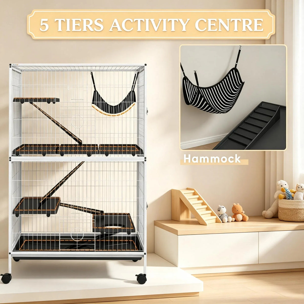 50 Inch Tall Rolling Ferret Chinchilla Cage Small Animal Pet Habitat with Hammock, 4 Doors, Removable Tray - view 5