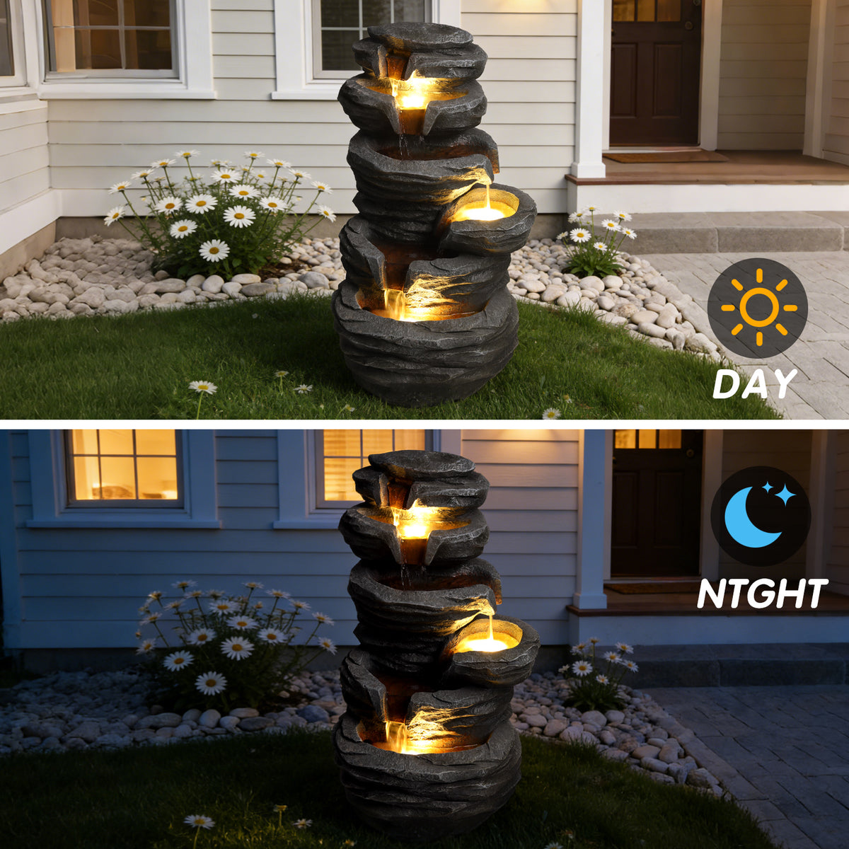 Outdoor Waterfall Fountain With Lights Stacked Rock Cascading Water Feature Resin Garden Decor For Patio Yard Porch - view 5