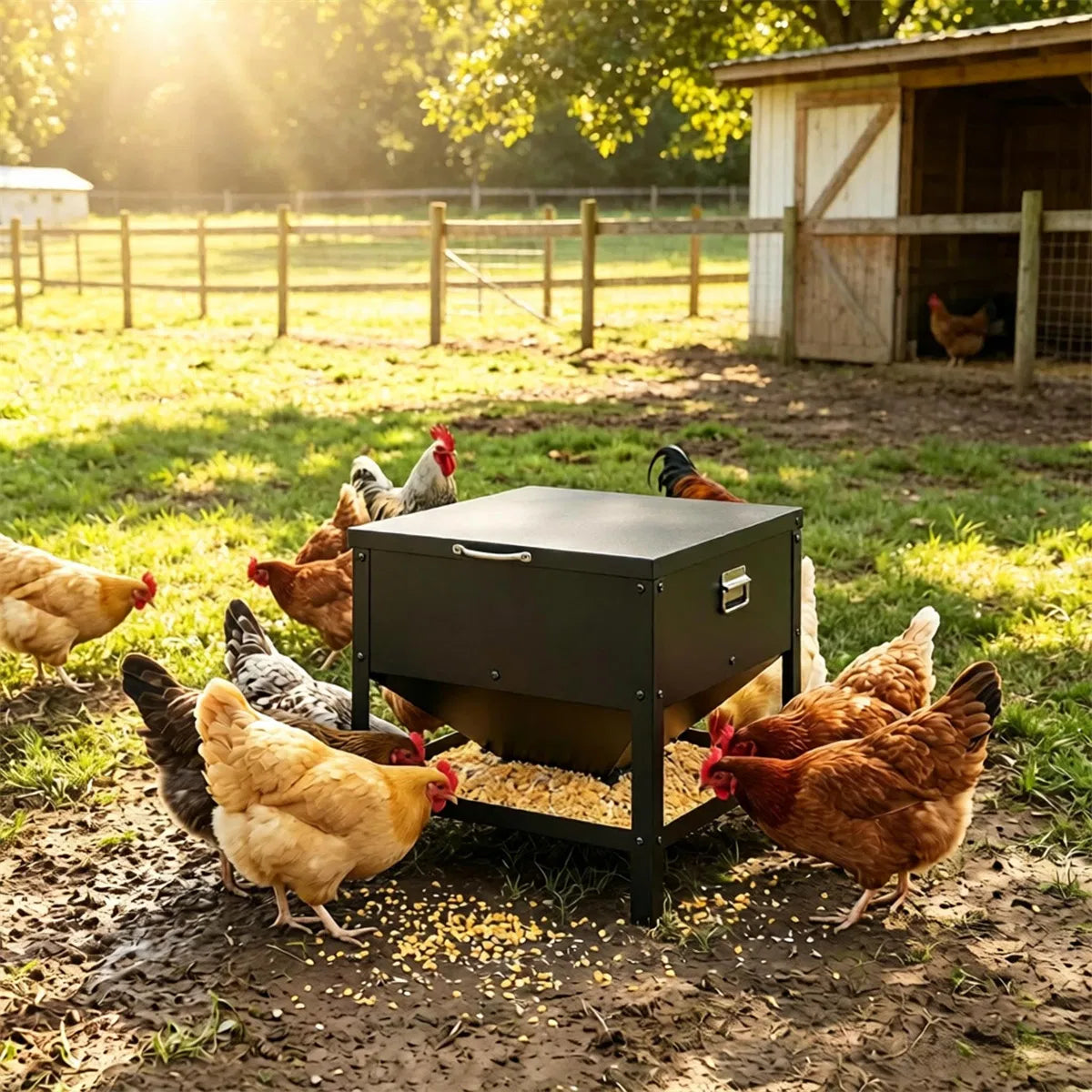 Heavy Duty Stainless Steel Chicken Feed Hopper with Lift Top Cover, Raised Legs Spill-Proof Poultry Feeding Box - view 3