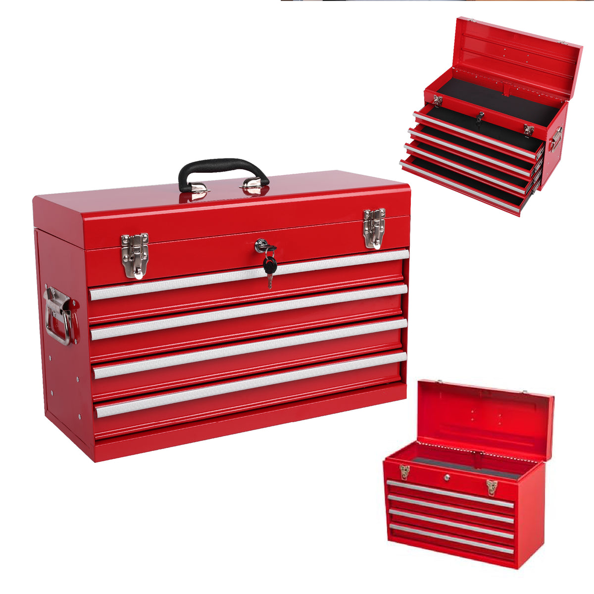 Heavy Duty Metal Tool Box, 21-inch, Portable Metal Tool Box With 4 Drawers, Small Tool Chest With EVA Liners