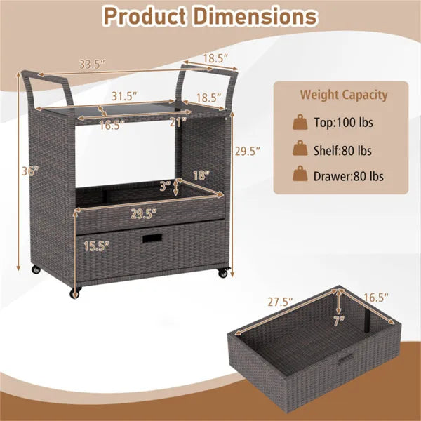 Handwoven PE Rattan Outdoor Bar Cart With Tempered Glass Top & Drawer, 4 Wheels With Brakes Serving Cart For Patio - view 5