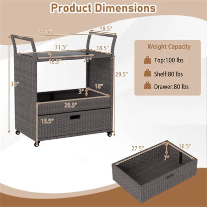 Handwoven PE Rattan Outdoor Bar Cart With Tempered Glass Top & Drawer, 4 Wheels With Brakes Serving Cart For Patio - view 5
