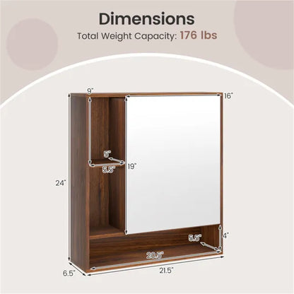 2 In 1 Mirrored Bathroom Wall Cabinet, Space-Saving Medicine Cabinet With Hidden Storage & Shelves - Walnut - view 3
