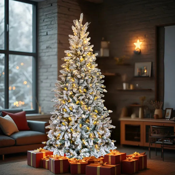 7 FT Snow Flocked Pre-lit Artificial Pencil Christmas Tree, Hinged Xmas Pine Tree With 1100 Branch Tips And 400 Lights