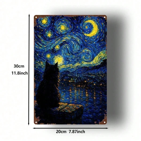 1pc Starry Night Cat Metal Sign 8x12 Inch, Vintage Aesthetic Wall Plaque - view 2