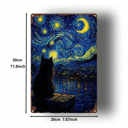 1pc Starry Night Cat Metal Sign 8x12 Inch, Vintage Aesthetic Wall Plaque - view 2