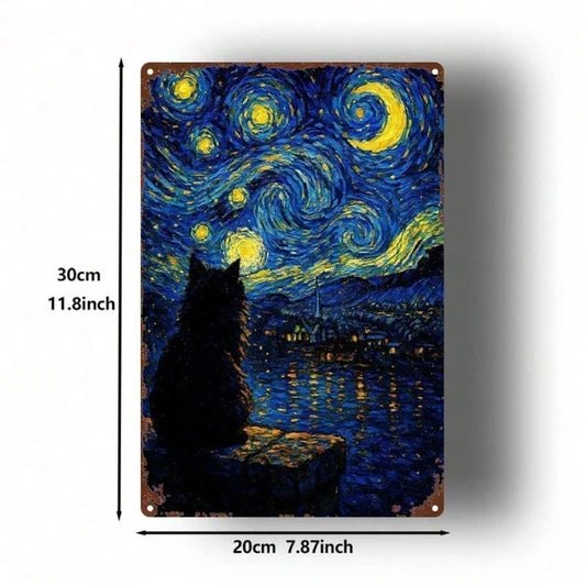 1pc Starry Night Cat Metal Sign 8x12 Inch, Vintage Aesthetic Wall Plaque - view 2