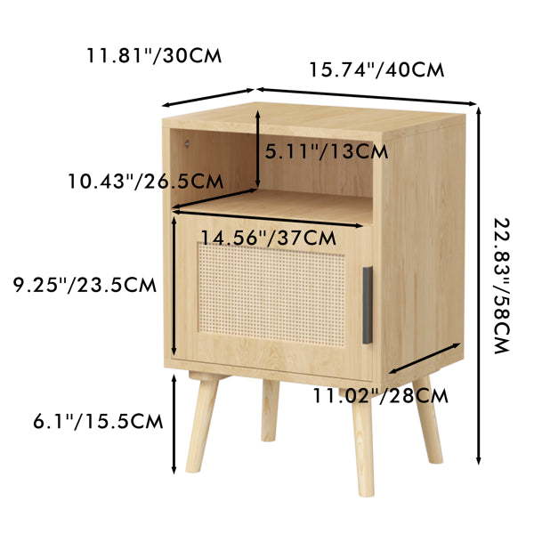 22.83'' H Rattan Nightstand, Side Table with Door Open Shelf, Accent Bedside End Table with Solid Wood Legs for Bedroom - view 3