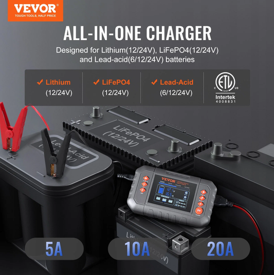 VEVOR Smart Battery Charger, 20-Amp, Lithium LiFePO4 Lead-Acid AGM Gel SLA Car Battery Charger With LCD Display