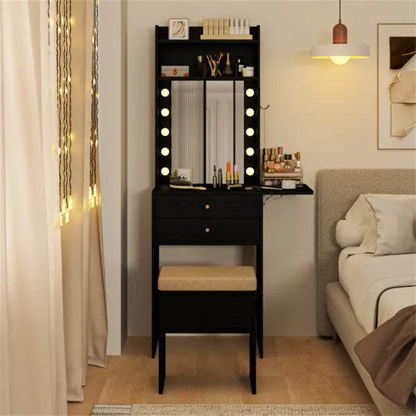 3-Color LED Lighted Vanity Desk with Charging Station - Foldable Makeup Table & Cushioned Stool Set - view 3