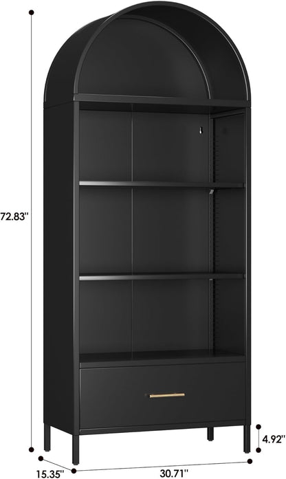 Metal Arched Bookshelf, Accent Arch Kitchen Pantry Cabinet With Drawer For Home Office Bar Living Room Farmhouse Black - view 3