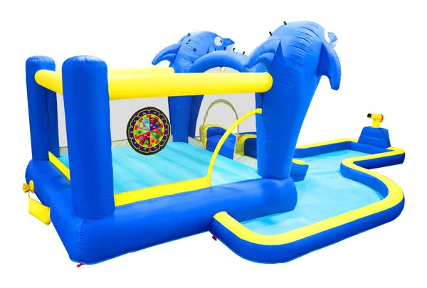 8 In1 Inflatable Slide Water Park Trampoline Bouncing House Outdoor Garden With Dolphin Sprinkler & Target Games & - view 4
