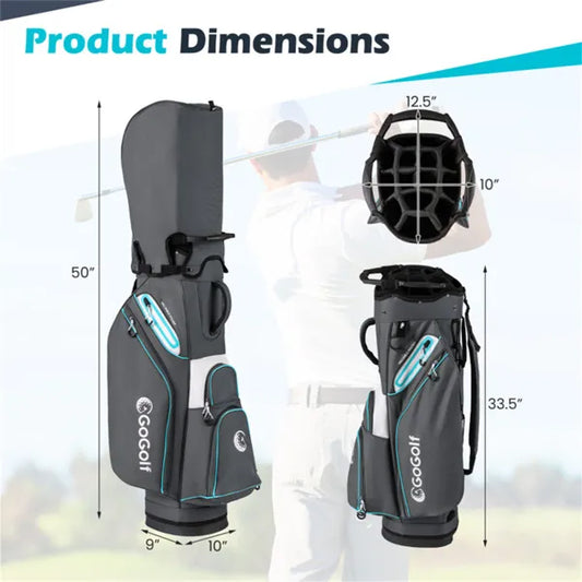 14-Way Golf Cart Bag - 6 Zippered Pockets+Cooler Pocket, Waterproof Zippers, Gray+Blue - view 2