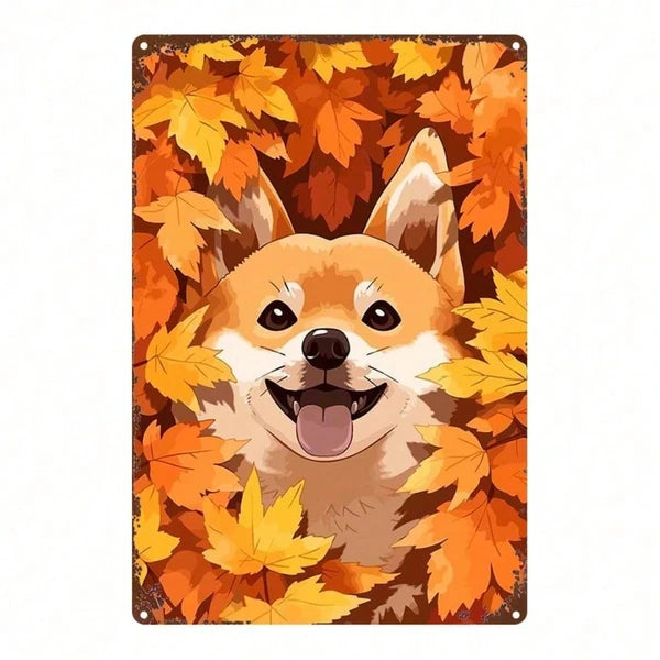 Cute Shiba Inu Metal Sign Autumn Leaves Dog Plaque Sturdy Tin Wall Art Home Decor Kitchen Bedroom Bar Restaurant 2D Flat