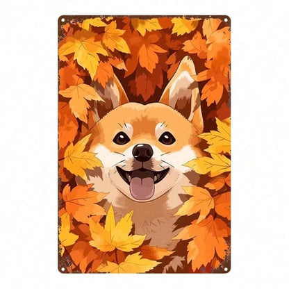 Cute Shiba Inu Metal Sign Autumn Leaves Dog Plaque Sturdy Tin Wall Art Home Decor Kitchen Bedroom Bar Restaurant 2D Flat