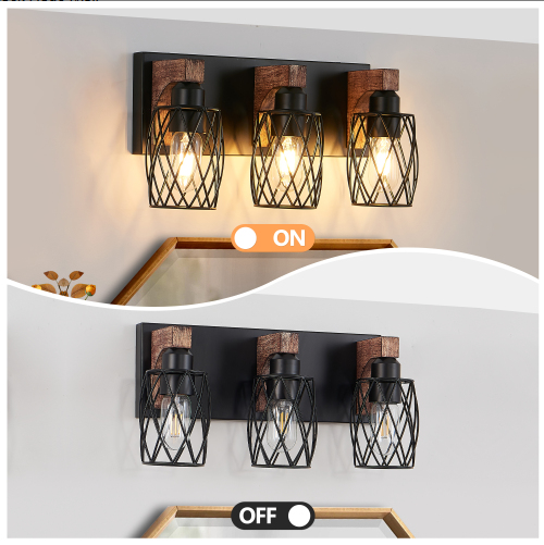 18inch Industrial Vintage 3-Light Wall Sconce - Black Cage Wall Lighting Fixture With Wooden Accents For Bathroom - view 7