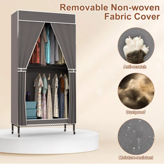 2 Tier Clothing Rack With Cover Portable Wardrobe Closet Covered Garment Rack With 4 Wheels 2 Hanging Rods 2 Hook Racks - view 6