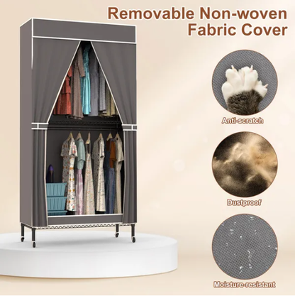 2 Tier Clothing Rack With Cover Portable Wardrobe Closet Covered Garment Rack With 4 Wheels 2 Hanging Rods 2 Hook Racks - view 6