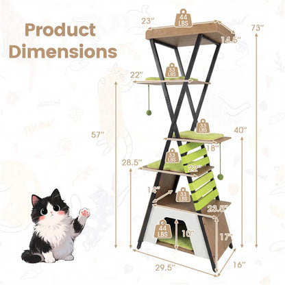 73" Multi-Level Cat Tree with Condo & Perch, Multi-Cat Climbing Tower with Scratching Pad & Interactive Toys - view 7