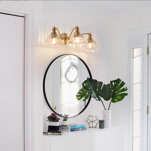 24 Inch 3-Light Vintage Bathroom Wall Sconce - Elegant Golden Metal And Glass Lampshade Vanity Light Fixture - view 8