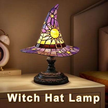 Handmade Gothic Witch Hat Night Light –Witch Hat Lamp Stained Glass LED Lamp, Spooky Halloween Decor