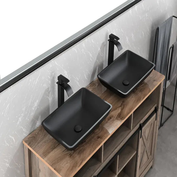 14.38" L -22.25" W -4.38" H Matte Shell Glass Rectangular Vessel Bathroom Sink in Black with Faucet and Pop-Up Drain - view 8