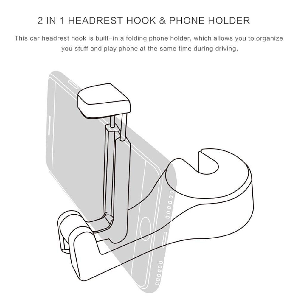 Car Headrest Hook with Phone Holder Seat Back Hanger for Bag Handbag Purse Grocery Cloth - view 3