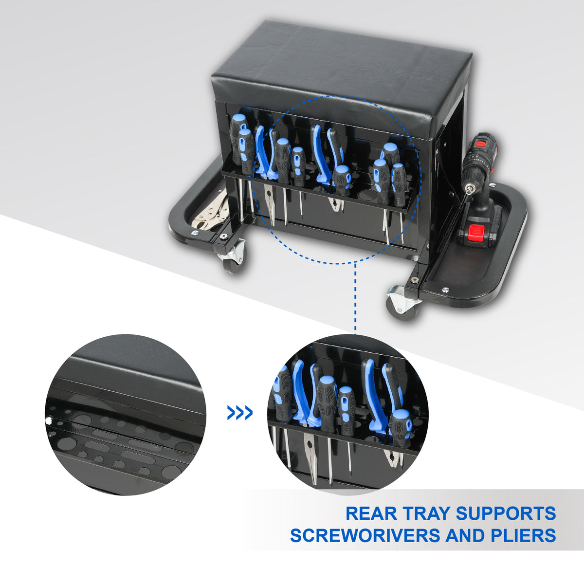 3-Drawer Tool Chest Rolling Mechanic Seat With Tool Trays,350lbs Max Weight Capacity,Black - view 3