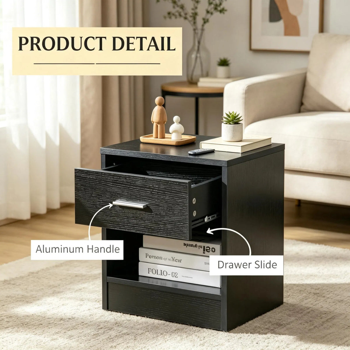 Black Wood Grain Modern Side Table with Drawer & Storage Shelf, Compact End Table for Living Room - view 6