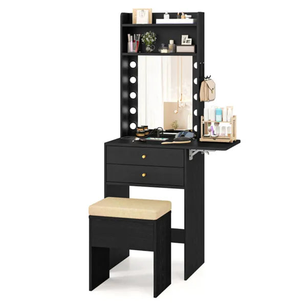 3-Color LED Lighted Vanity Desk with Charging Station - Foldable Makeup Table & Cushioned Stool Set