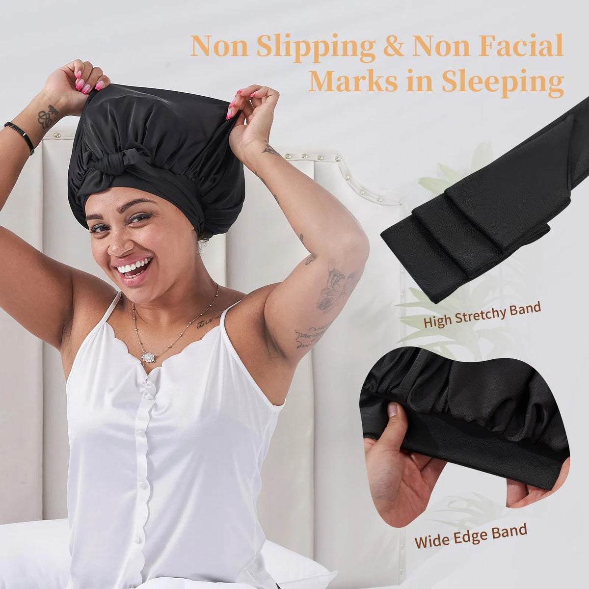 Silk Bonnet For Sleeping Women, Satin Hair Bonnet For Sleeping For Wavy Curly Natural Hair Women Men - Black - view 5