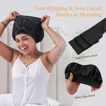 Silk Bonnet For Sleeping Women, Satin Hair Bonnet For Sleeping For Wavy Curly Natural Hair Women Men - Black - view 5